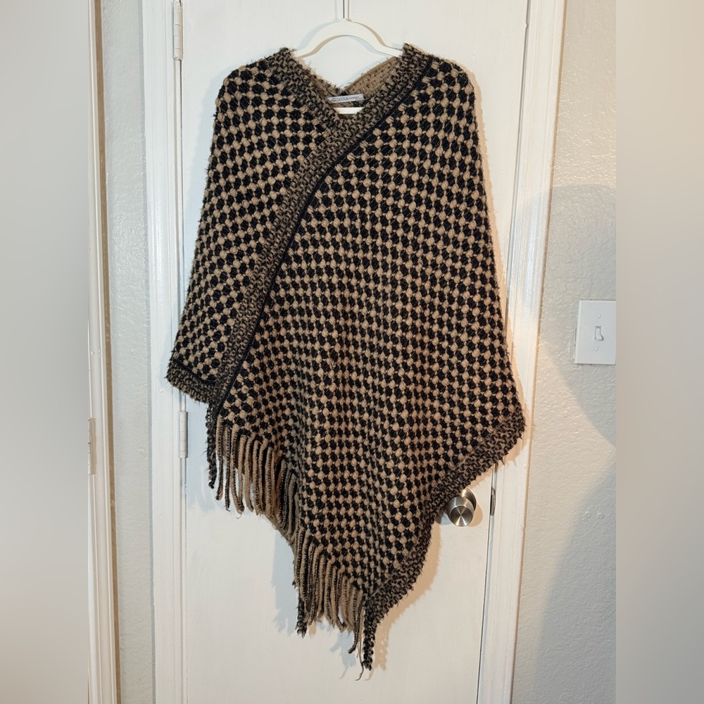 Arianna by Howard’s Black and Tan Checkered Poncho with Fringe
